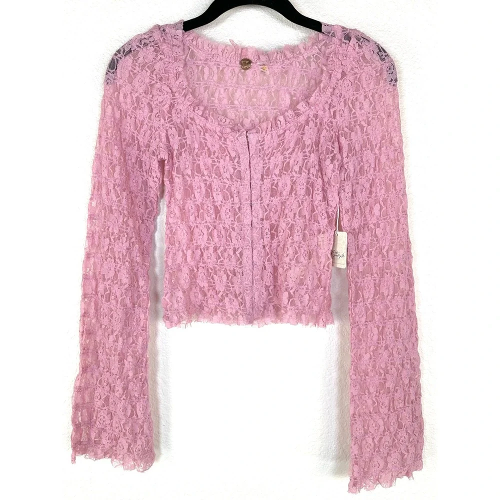 Free People FP One Madison Lace Top Pink Sheer Smocked Bell Sleeve XS NWT